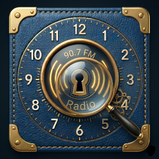 A detailed square app icon with a blue leather texture and gold corners. It features a clock face with the text '90.7 FM' and 'Radio' surrounding a central keyhole, which is magnified by a gold-rimmed magnifying glass.